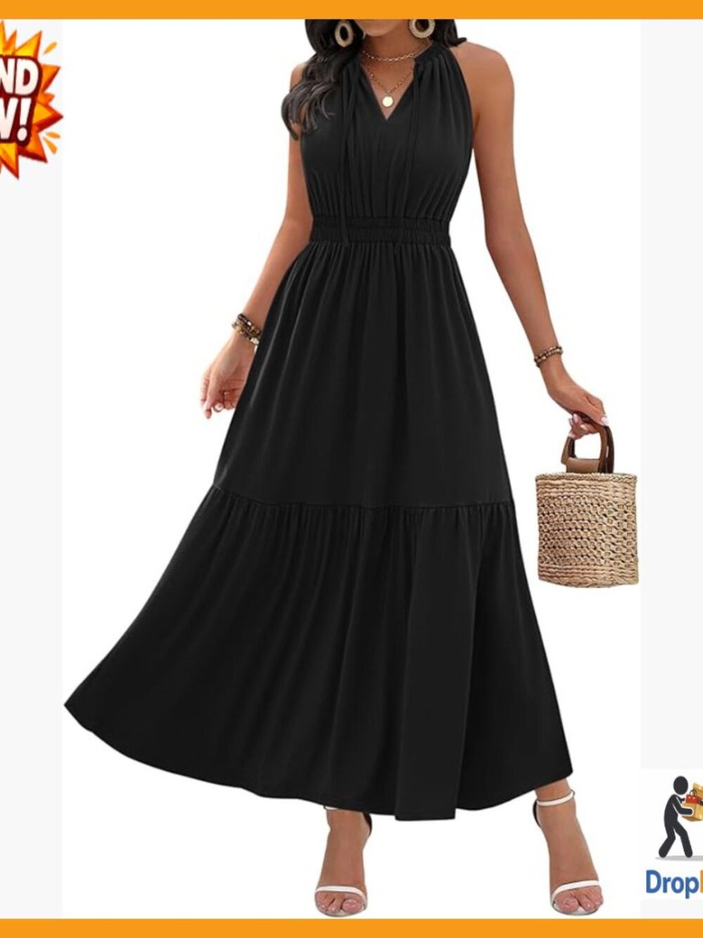 Sleeveless Midi Dress Smocked Waist V Neck Tiered Ruffle Summer Casual Elegant